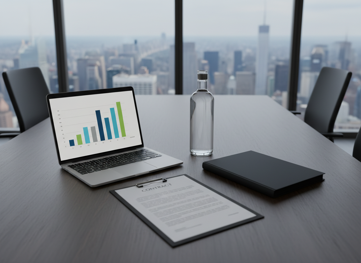 A modern conference table made of matte black wood with a smooth texture, neatly organized with an open laptop showing an abstract bar chart, a thick printed contract with non-legible placeholder text, and a closed presentation folder beside a single elegant spirits bottle with a minimalist blank label. Behind, a floor-to-ceiling window reveals an out-of-focus city skyline, suggesting an international business hub. Cool daylight streams in, creating crisp reflections on the laptop and bottle while leaving soft shadows under the objects. Photographic realism from a slightly elevated angle, clean and modern composition, conveying formal, professional business negotiations for tobacco and alcohol distribution agreements.
