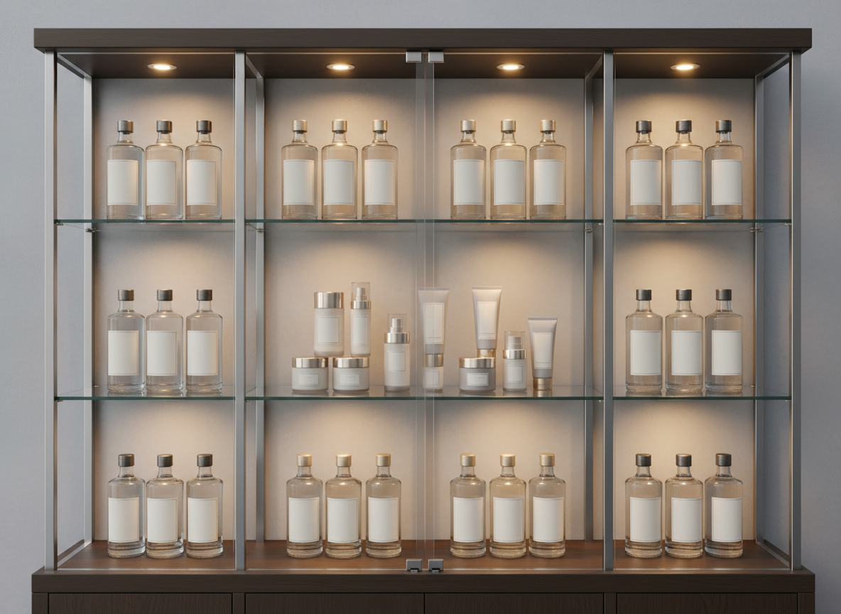 A sleek, glass-fronted display cabinet combining luxury spirits and premium beauty products, with rows of refined bottles on one shelf and elegant skincare and cosmetic containers on another, all using neutral, text-free placeholder labels. The cabinet stands against a softly lit, dove-gray wall with subtle texture. Warm, diffused spotlighting inside the cabinet creates gentle highlights on the glass and metallic caps, producing a refined glow and delicate reflections. Shot straight-on at eye level, with a balanced, symmetrical composition and shallow depth of field that keeps the middle shelves in focus. The atmosphere is upscale, clean, and international, visually linking imported tobacco and alcohol agency with beauty and personal care distribution.